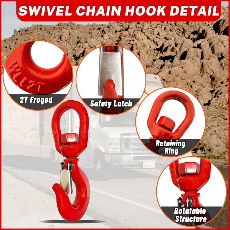 HENBOW 2 Ton Swivel Hooks and D Ring Shackle,G80 Weight Lifting Hooks with 1/2" Shackle,4400Lbs Safety Load Limit,Heavy Duty Alloy Steel Round Rotating Trailer Chain Hooks - Image 3